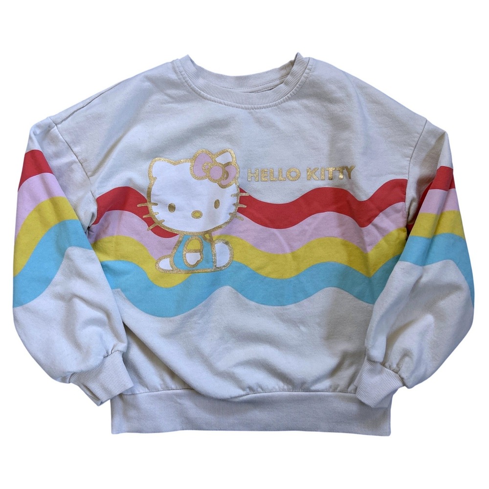 Hello Kitty Sweatshirt Rainbow Sleeve Pullover Top Size Kids L 10-12 Cream‎ Gold